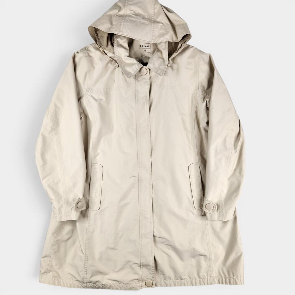L.L. Bean Rain Coat Womens 1X Beige Hooded Mid Length Mesh Lined
